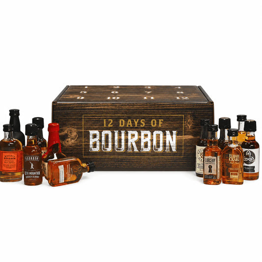 A whiskey-themed 12-day countdown gift set featuring a dark wooden box labeled '12 DAYS OF BOURBON' with multiple small liquor bottles arranged in front on a white background.